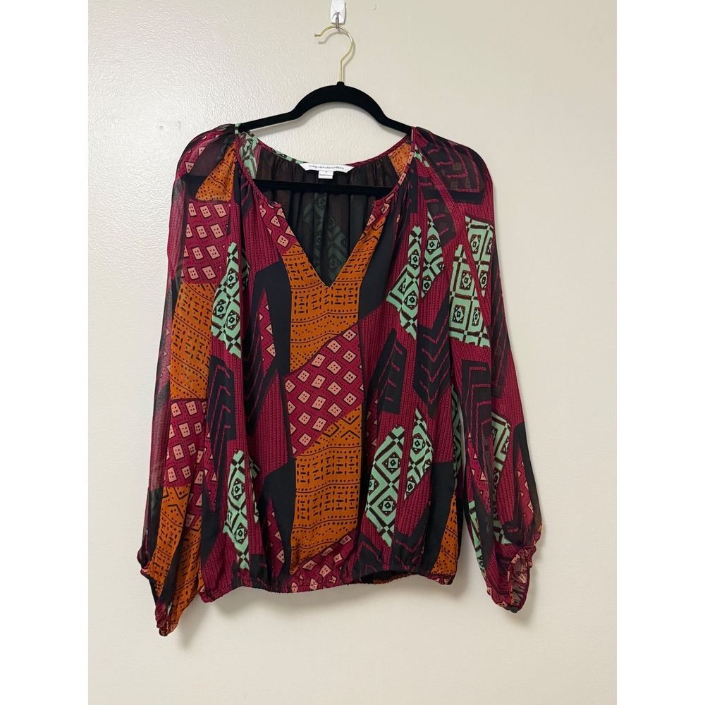 Diane von Furstenberg DVF Silk Chiffon Geometric Tribal Print Blouse Burgundy M